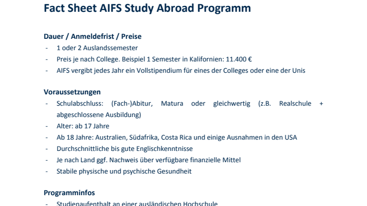 AIFS Fact Sheet zum AIFS Study Abroad Programm 