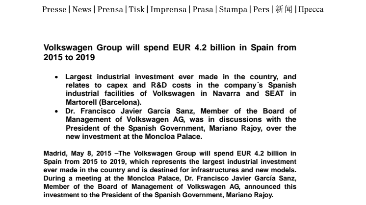 VW Group Investment in Spain