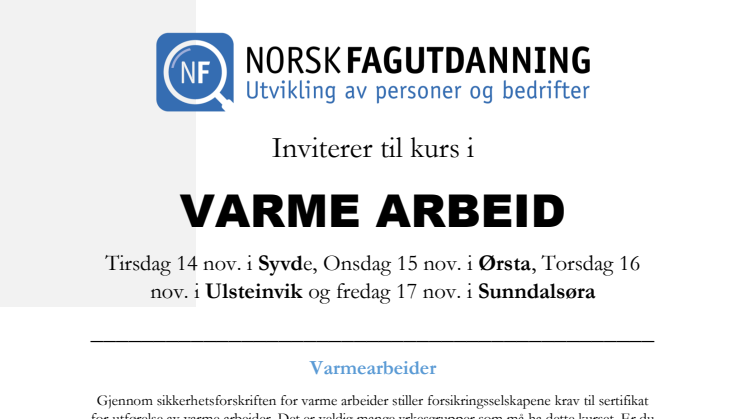 Invitasjon til kurs i varmearbeide i Møre og Romsdal - flere lokasjoner med oppstart 14 November 2017