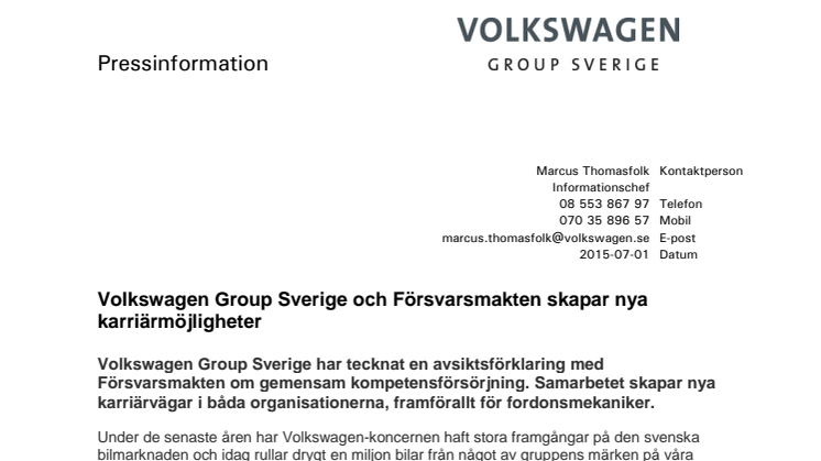 Volkswagen Group Sverige och Försvarsmakten skapar nya karriärmöjligheter