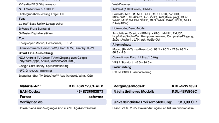 KDL-43W755C von Sony