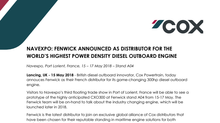 Cox Powertrain: NAVEXPO - Fenwick Announced as Distributor for the World's Highest Power Density Diesel Outboard Engine