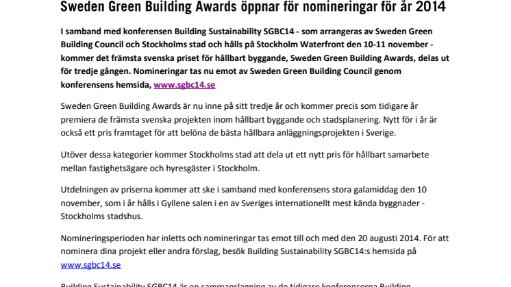 Sweden Green Building Awards öppnar för nomineringar för år 2014