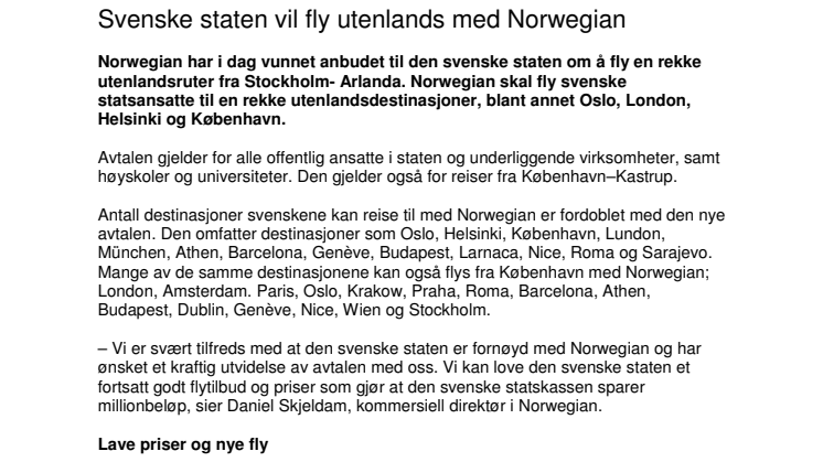 Svenske staten vil fly utenlands med Norwegian 