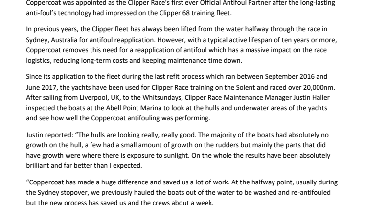 Coppercoat Partnership with Clipper Round The World Yacht Race Hailed a Success after Halfway Checks