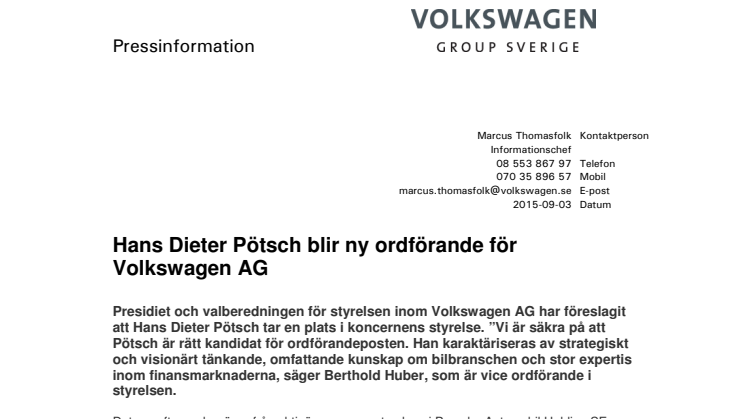 Hans Dieter Pötsch blir ny ordförande för Volkswagen AG