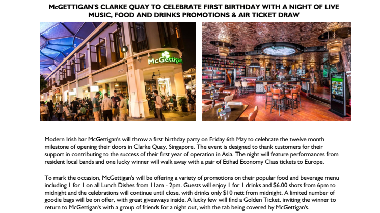 McGETTIGAN'S CLARKE QUAY TO CELEBRATE FIRST BIRTHDAY WITH A NIGHT OF LIVE MUSIC, FOOD AND DRINKS PROMOTIONS & AIR TICKET DRAW