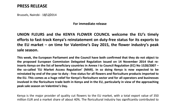 Blommor från Kenya blir åter tullfria från årsskiftet.
