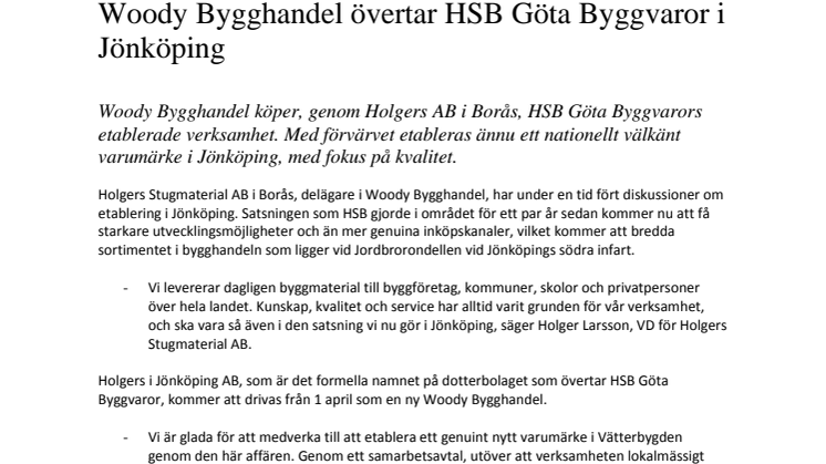 Woody Bygghandel övertar HSB Göta Byggvaror i Jönköping