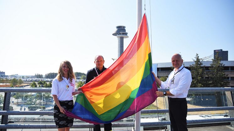 The rainbow flag was raised today at Stockholm Arlanda Airport by Britta Davidsohn, chair of Stockholm Pride; Jörgen Jernström, incident commander, Stockholm Arlanda Airport; and Peder Grunditz, airport director at Stockholm Arlanda Airport. Photogra