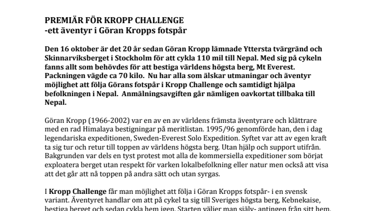 Premiär för Kropp Challenge - ett äventyr i Göran Kropps fotspår