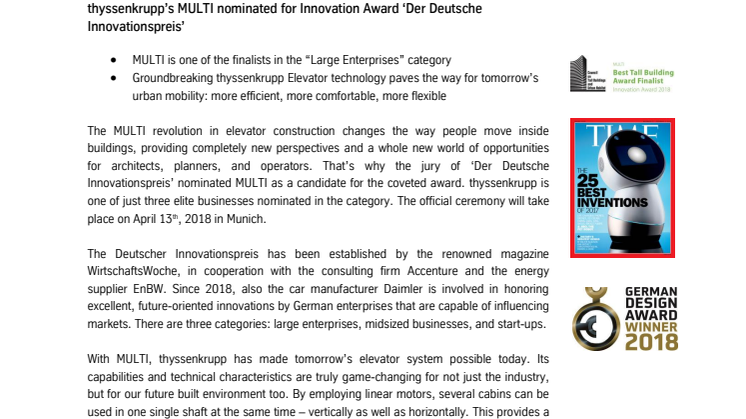 thyssenkrupps MULTI är  nominerad till Innovation Award ' Der Deutsche Innovationspreis 