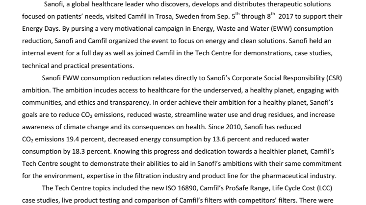 Sanofi and Camfil improve the health of the environment, the health of people and the quality of air in the workplace