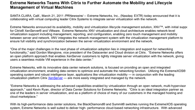 Extreme Networks Teams With Citrix to Further Automate the Mobility and Lifecycle Management of Virtual Machines