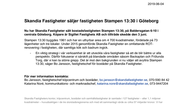 Skandia Fastigheter säljer fastigheten Stampen 13:30 i Göteborg