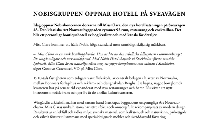 Nobisgruppen öppnar hotell på Sveavägen