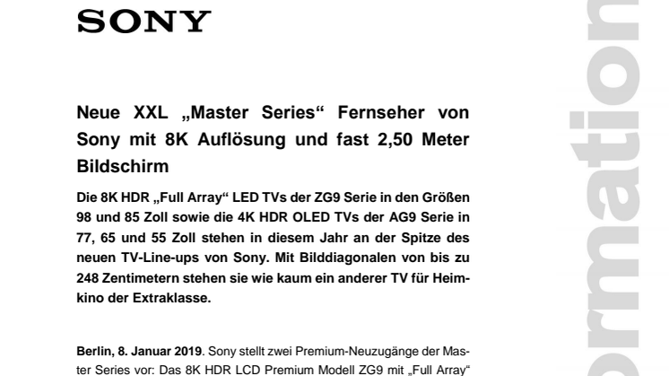 Neue XXL „Master Series“ Fernseher von Sony mit 8K Auflösung und fast 2,50 Meter Bildschirm