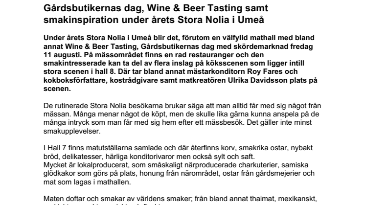​Gårdsbutikernas dag, Wine & Beer Tasting samt smakinspiration under årets Stora Nolia i Umeå