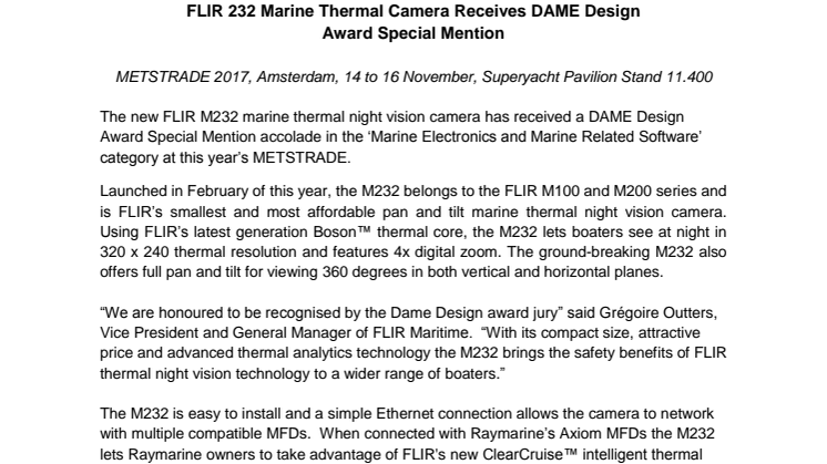 FLIR: METSTRADE - FLIR 232 Marine Thermal Camera Receives DAME Design  Award Special Mention