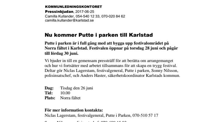 Pressinbjudan: Nu kommer Putte i parken till Karlstad