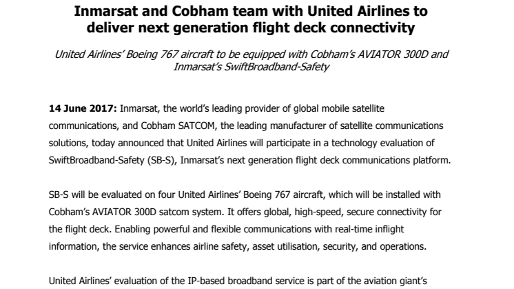 Inmarsat and Cobham team with United Airlines to deliver next generation flight deck connectivity