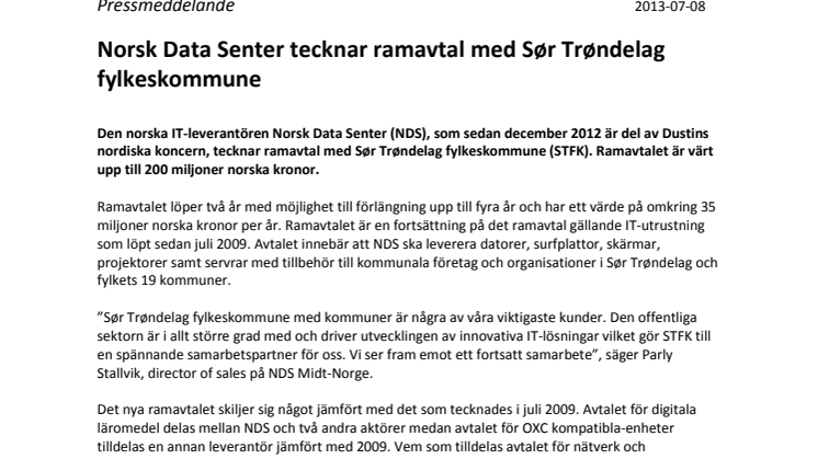 Norsk Data Senter tecknar ramavtal med Sør Trøndelag fylkeskommune 