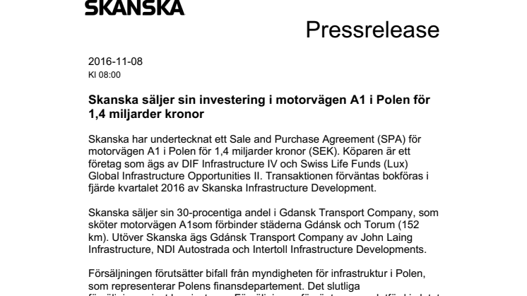 Skanska säljer sin investering i motorvägen A1 i Polen för 1,4 miljarder kronor