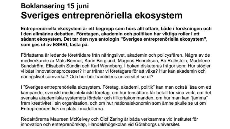 Boklansering 15 juni: Sveriges entreprenöriella ekosystem