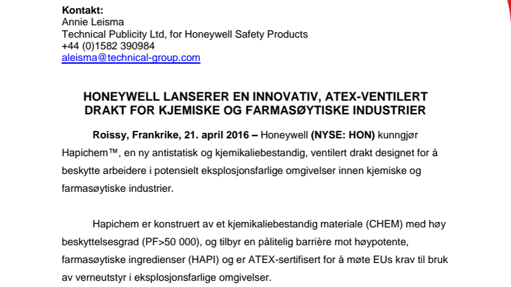  Honeywell lanserer en innovativ, ATEX-ventilert drakt for kjemiske og farmasøytiske industrier