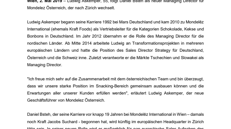 Mondelēz International ernennt Ludwig Askemper zum Managing Director Österreich