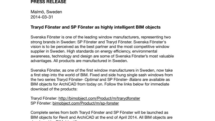 Traryd Fönster and SP Fönster as highly intelligent BIM objects