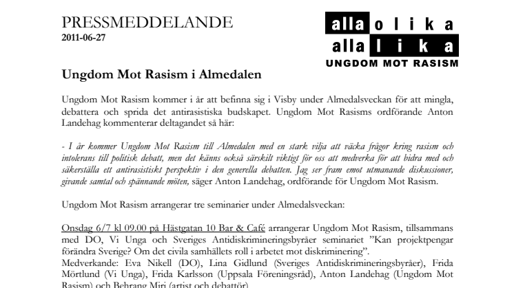 Ungdom Mot Rasism i Almedalen