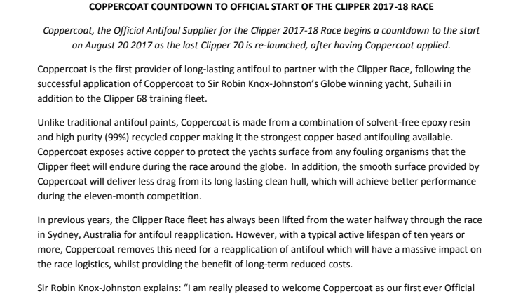 Coppercoat: Coppercoat Countdown to Official Start of the Clipper 2017-18 Race 