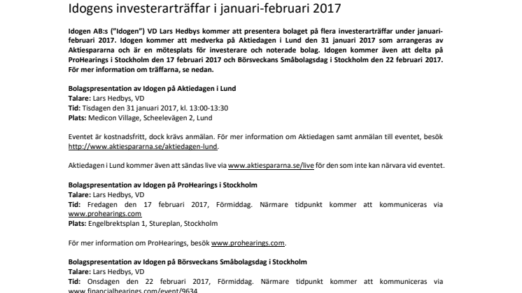 Idogens investerarträffar i januari-februari 2017