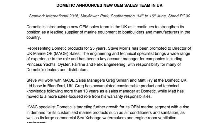 Dometic: Announces New OEM Sales Team in UK 