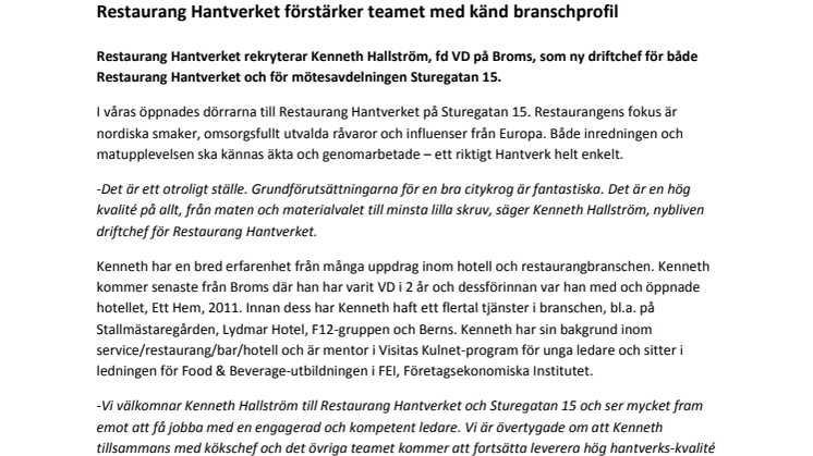 Restaurang Hantverket förstärker teamet med känd branschprofil