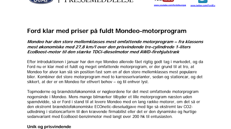 Ford klar med priser på fuldt Mondeo-motorprogram