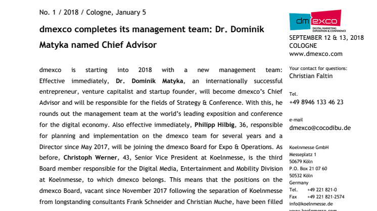 dmexco completes its management team: Dr. Dominik Matyka named Chief Advisor