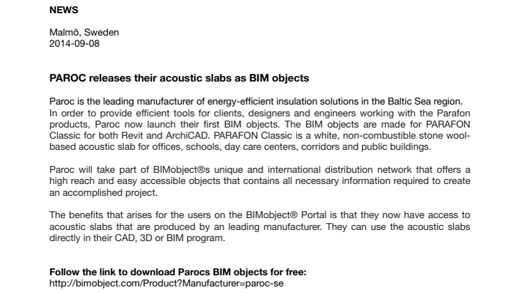 PAROC releases their acoustic slabs as BIM objects