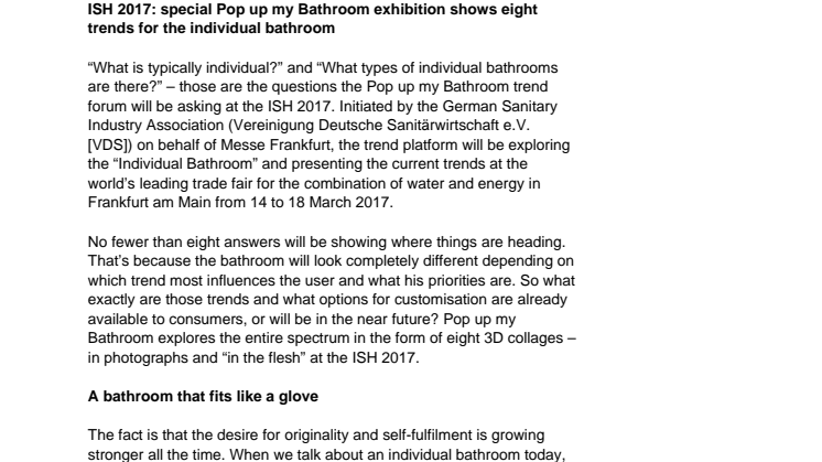 ISH 2017: special Pop up my Bathroom exhibition shows eight trends for the individual bathroom