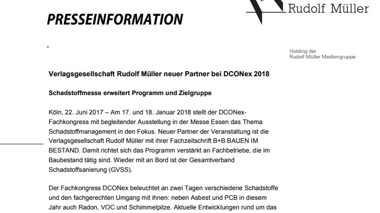 Verlagsgesellschaft Rudolf Müller neuer Partner bei DCONex 2018