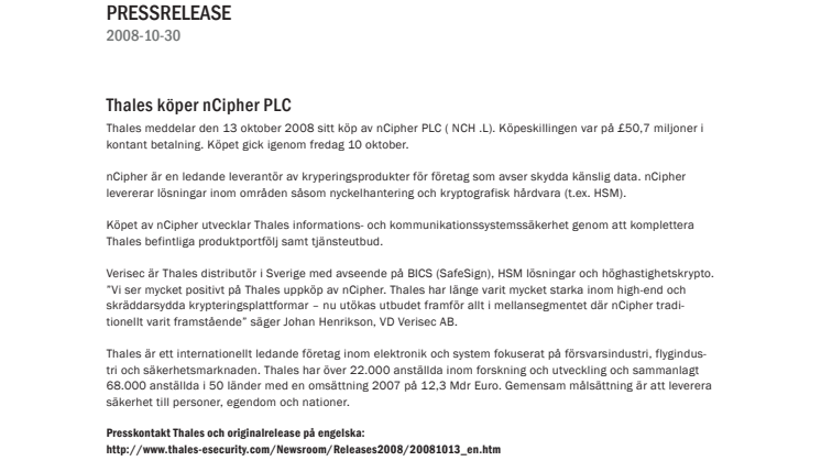 Thales köper nCipher PLC