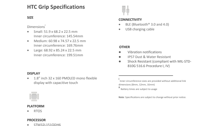 HTC Grip - Spec Sheet