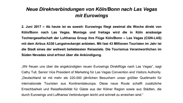 Von Köln/Bonn direkt nach Las Vegas  mit Eurowings