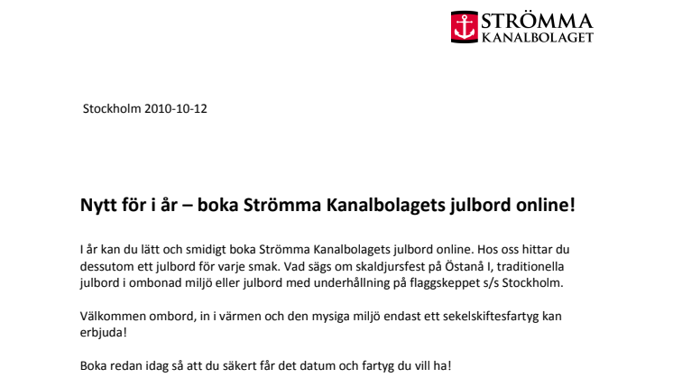 Nytt för 2010 – boka Strömma Kanalbolagets julbord online!