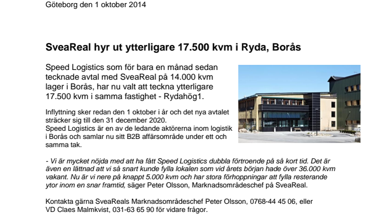 SveaReal hyr ut ytterligare 17.500 kvm i Ryda, Borås