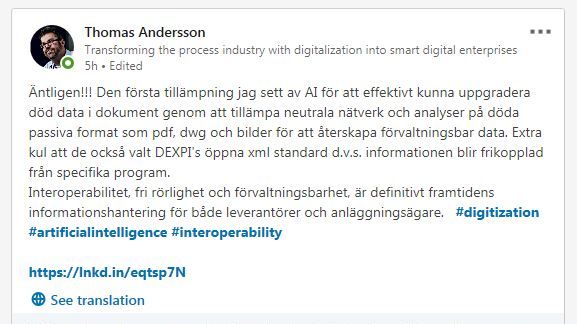 LinkedIn inlägg efter Bilfingers pressrelease 