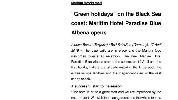 “Green holidays” on the Black Sea coast: Maritim Hotel Paradise Blue Albena opens 