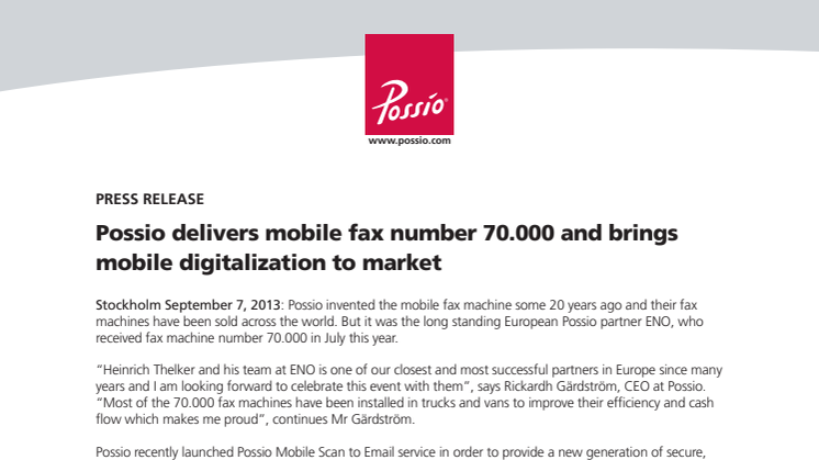 Possio delivers mobile fax number 70.000 and brings mobile digitalization to market