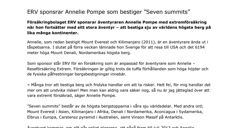 ERV sponsrar Annelie Pompe som bestiger ”Seven summits"